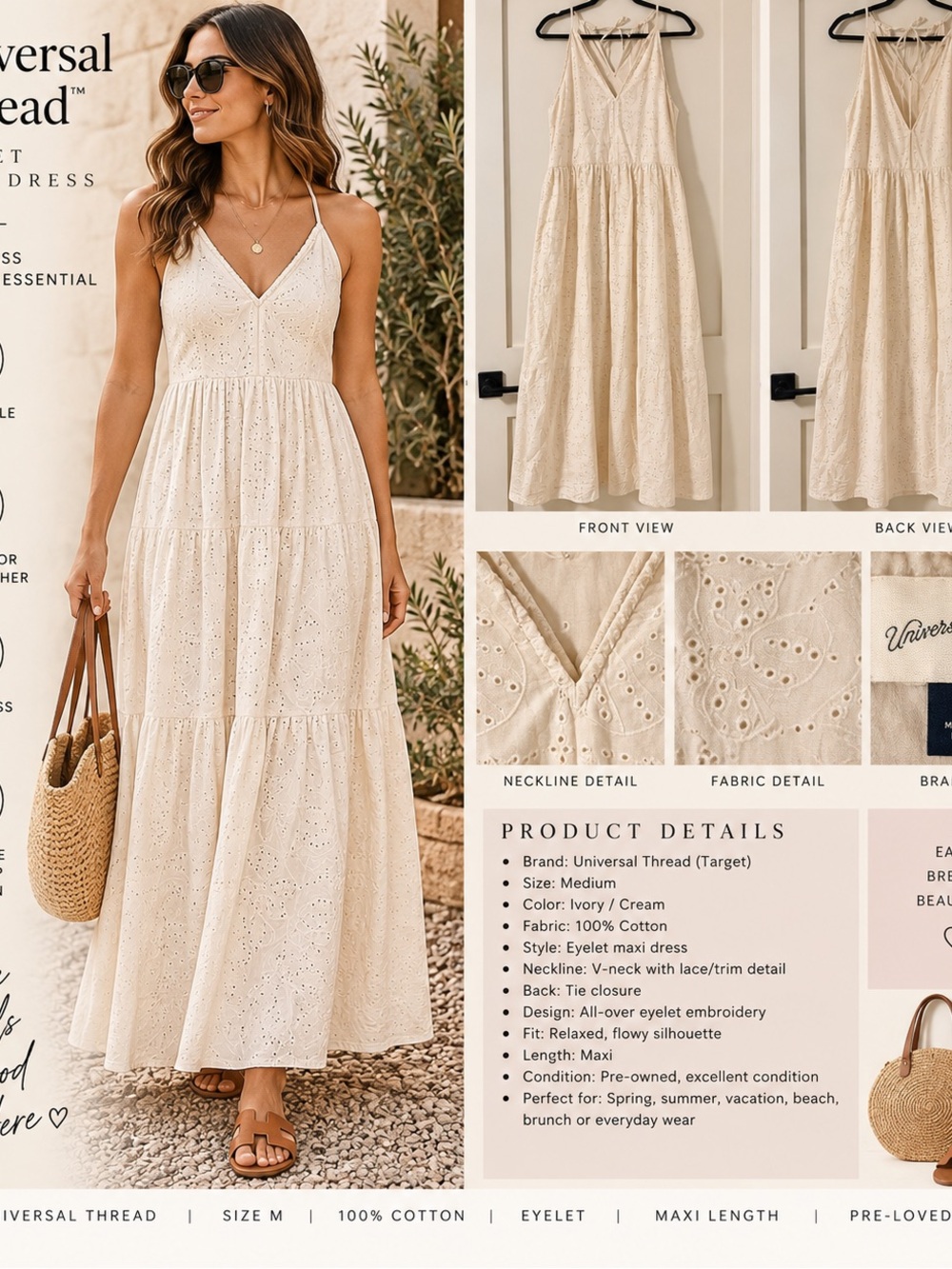 Universal Thread Ivory Eyelet Maxi Dress Size M Boho Cottagecore
